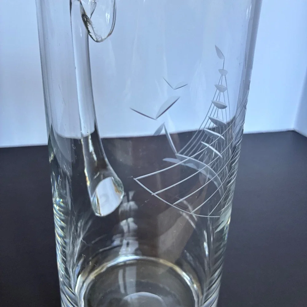 MidCentury Glass Pitcher Etched Sailboat Nautical Coastal Barware Maritime Beach